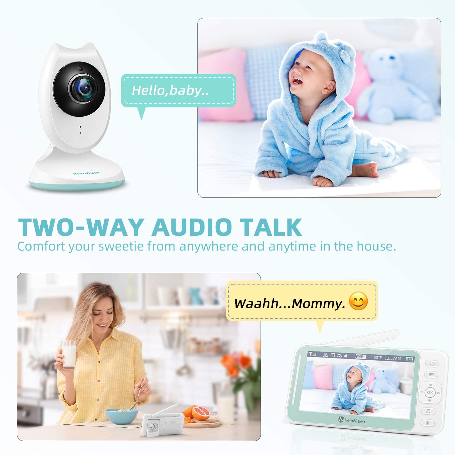  Monitor de video para bebés con cámara y audio, pantalla LCD de  3.2 pulgadas, visión nocturna infrarroja, audio bidireccional y monitoreo de  temperatura ambiente, canción de cuna, pantalla activada : Bebés