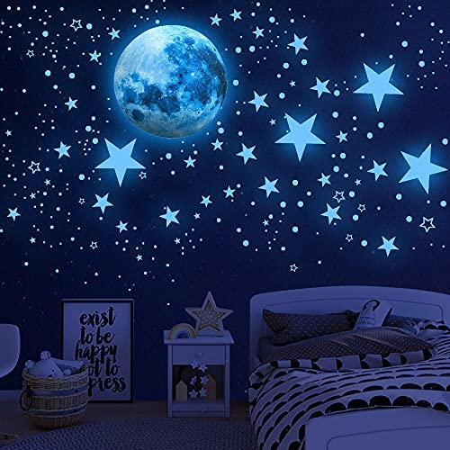 Boxiki Kids – Estrellas fluorescentes para techo con luna que brillan en la  oscuridad para decoración de habitación de niños Calcomanías que brillan en  la oscuridad para dormitorios y guarderías paquete de