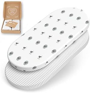 Sábanas Carrito Bebe mimaDu, Funda capazo Universal, sábanas moisés, sábanas capazo bebé, sábanas Cochecito bebé, Bajera capazo 70x32, 75x35 cm, 100% algodón Peinado Oeko-Tex (Ovejitas, Rayas)