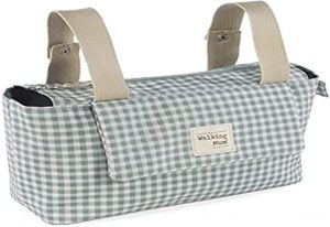 Walking Mum. Bolso organizador I Love Vichy. Bolsa de maternidad para silla de paseo. Asas cortas para fijar al carro. Color Verde. Medidas 31X17X12 cm.