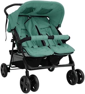 vidaXL Carrito para Gemelos Cochecito Sillita Gemelar Silla de Paseo Canasta Niños Reposapiés Ajustable Dosel Plegable de Acero Verde