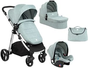 KikkaBoo Carrito Bebé 3 en 1 UGO, Silla de Paseo hasta 15 kg, Desde el Nacimiento, Asiento de Coche, Capazo, Plegado, Mint