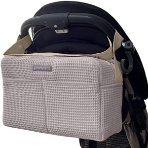 MIMUSELINA | Bolso Carro Bebé Bolso Organizador de Gran Capacidad | Con + 7 Compartimentos | Regulable al Manillar del Carro | Perfecto como Maleta de Hospital o Mochila para el Carrito | Waffle Topo