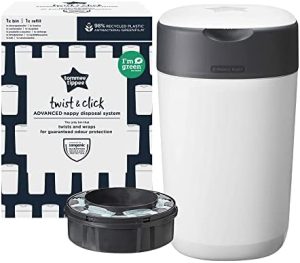 Tommee Tippee - Contenedor para Pañales Avanzado Twist and Click, Nuevo Sistema Ecológico, Incluye 1 Recambio con Película Greenfilm Antibacteriana y Sostenible, Unisex, Blanco, 1 Unidad