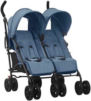 vidaXL Carrito para Gemelos Cochecito Sillita Gemelar Silla de Paseo Canasta Niños Reposapiés Ajustable Dosel Plegable de Acero Azul Marino