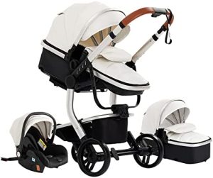 Sistema de Viaje 3 en 1 Silla de Paseo 3 en 1 Carrito con Capazo Cochecito de Bebé para Recién Nacido Cochecito de Viaje Portátil Plegable con Paisaje Alto de Lujo Real (518 White)