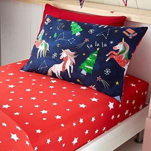 Happy Linen Company Set de Fundas Infantiles para edredón - Reversible - Unicornios navideños en el Espacio - Set Adicional de Fundas para Almohada Infantil
