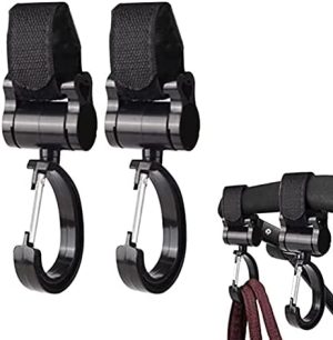 GHEART Ganchos Carro Bebé, Gancho Para Colgar Cochecito, Gancho Multifuncional para Silla de Paseo, Mosquetones para Carrito de Bebe para Colgar Bolsas, Mochila, Bolso etc, 2 piezas(negro)
