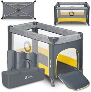 LIONELO Stefi Cuna Bebe Parque Infantil Bebe Apertura Lateral colchoneta protección contra el Plegado LockGuard Lados de Tela de Malla Bolso de Transporte (Amarillo)