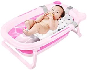 Sinbide Bañera para Bebés Plegable, Multifuncional Bañera de Niños Pequeños con Termómetro y Cojín Cómodo de Baño, Bañera Antideslizante para Bebé Recién Nacido, Bañera de Niños 0-8 Años (Rosa)