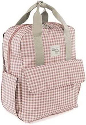 Walking Mum. Bolso Mochila I Love Vichy. Bolsa pañalera para silla de paseo. Diseño versátil con asas cortas y correas para llevar en los hombros. Color Rosa. Medidas 37X28X12 cm.