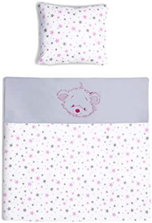 Amilian® Juego de ropa de cama para cochecito de bebé con bordado, 80 x 80 cm + 35 x 40 cm (estrella pequeña rosa/gris claro con osos, 2 piezas.)