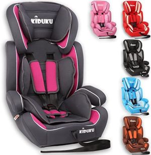 KIDUKU® Silla de coche, crece con el niño, 9 kg-36 kg (1-12 años), Grupo 1/2/3 (Gris/Rosa)
