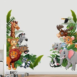 Tanlaby Animales Jungla Pegatinas de Pared Dibujos Animados Animales Adhesivos Vinilos Elefante León Cebra Decorativos Pared para Bebé Habitación Cuarto de Jugar Guardería Infantiles