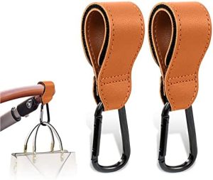2 Piezas Ganchos Carro Bebé,Robustos ganchos para carro de bebé,Ajuste Universal,para Silla de Paseo para colgar Bolso,Mochila,Bolsas (Marrón)