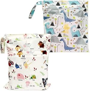 2 organizadores de pañales impermeables para bebés, lavables, reutilizables, con doble cremallera, bolsa húmeda para el cuidado del día, para trajes de baño, productos para bebés (dinosaurios, letras)