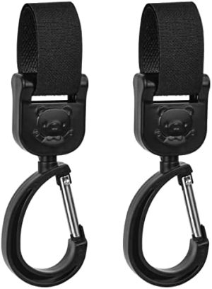 2Pcs Ganchos Carrito Carro Bebé Ganchos para Silla de Paseo Giratorio de 360° Universal Clips de Gancho para Cochecito con Cinta de Fijación Autoadhesiva para Bolso Ropa Pañal del Bebé Botellas