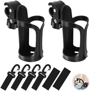 2Pcs Portavasos para Cochecito, Portabotellas Universal 360 °, Portavasos para Carrito Bebé, Soporte de Botellas para Cochecito con 4 Ganchos para Bicicletas Silla de Paseo(Negro)