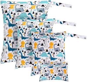 4 Piezas Bolsa Mojada, Bolsas de Pañales de Tela Bolsa Organizadora Impermeable Bolsa de Almacenamiento Lavable Bolsas de Pañales de Tela Seca y Húmeda para Viajes Bolsa de Gimnasio Dinosaurs