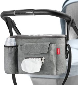 ALLONWAY Universal Bolso Carro Bebe con 3 Portavasos, Bolso Organizador Silla Paseo con Correas De Hombro Ajustables Para Llevar Vasos De Agua, TeléFono y Bocadillos