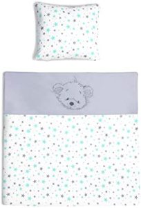 Amilian® Juego de ropa de cama para cochecito de bebé con bordado, 80 x 80 cm + 35 x 40 cm (asterisco pequeño, turquesa/gris claro con osos, 2 piezas.)
