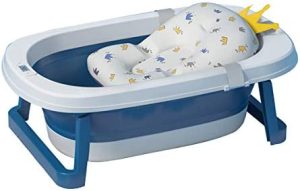 Bañera Plegable Bebé Con Hamaca de Baño Desmontable, Con Tapón de Drenaje, Con Pantalla de Temperatura, Bañera Plegable Antideslizante (Blanco-Bleu)