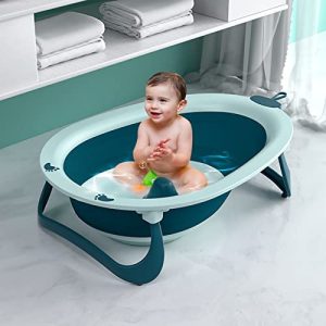 Bañera Plegable para Bebé Baño Portátil para Niños con Tapón de Drenaje Sensible y Alfombrillas Antideslizantes (Azul)