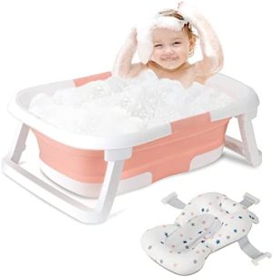 Bañera para bebé, portátil, plegable, para niños pequeños, plegable, antideslizante, con cojín para bebés de 0 a 5 años, color rosa