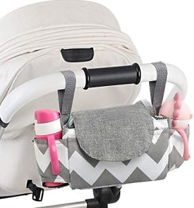 BelleStyle Organizador de Cochecito Bolsa, Ganchos Universal Gran Capacidad Impermeable Organizador para Coches de Paseo con 2 Posavasos para Cochecitos, Soporte para Teléfono Móvil (Blanco)