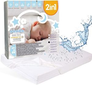 Bisoo 50x90 / 55x90 cm - Sabana Minicuna Impermeable 2en1 - Sabana Bajera Ajustable de Jersey + Protector de Colchón Impermeable en 1 Pieza - Oeko-Tex - Compatible con Kinderkraft etc. (55x90 Blanco)