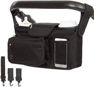 Bolso Carrito Bebe | Cochecito Organizador Universal Con Portavasos | Gran Capacidad para todos Accesorios Bebe | Incl. Ganchos Cochecito, Portavasos, Correas el Hombro y Bolsa con Cremallera | Negra