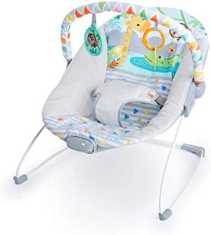 Bright Starts, Hamaca Mecedora para Bebé - Safari Fun, vibraciones relajantes, arco de juego con 3 juguetes, asiento lavable a máquina, arnés de 3 puntos, desde recién nacidos hasta los 9 kg