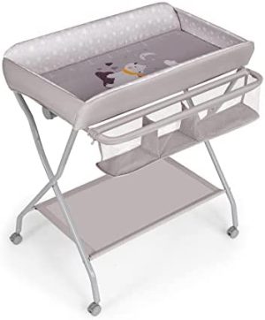 COSTWAY Cambiador para Niños, Cubículo Plegable Cambio Pañal para Niños con Cesta Amplia y Repisa para el Esencial, Organizador Habitación del Bebé con Ruedas Bloqueables y Porta Ropa (gris)