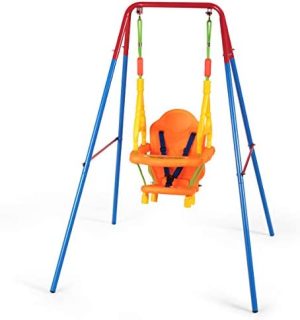 COSTWAY Columpio para Bebé con Soporte Baby Swing Asiento con Respaldo con Cinturón de Seguridad para Jardín Patio