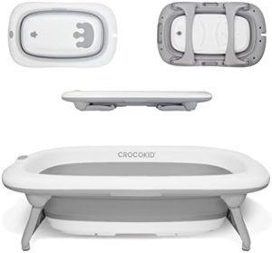 CROCOKID® Bañera Grande para Bebé, Plegable, Estable y Compacta - Niños de 0 a 4 años - Patas Antideslizantes, Cierre de Seguridad, Tapón Termosensible – Dimensiones 51x85cm, Altura 10/24cm
