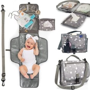 Cambiador Bebe Portatil Premium + Cinta Ajustable de Regalo. Cambiador Bebe Plegable Ideal para Regalos Bebes Recien Nacidos Originales. El Cambiador Bebe de Pañales es Impermeable con 6 Bolsillos.