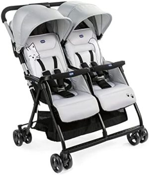Chicco OHlalà - Cochecito doble doble doble de 0 meses a 15 kg, cochecito ligero reclinable y plegable, reposapiés ajustables, cubierta de lluvia y capota extensible Silver Cat, gris