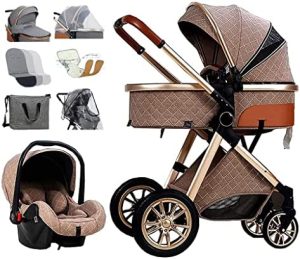 Cochecito Bebe Running Silla de Paseo Niño 3 en 1 Coche Bebe Silla Bebe Coche, Cochecitos y Carrito Bebe 2 Piezas Carrera Infantil con Tapa de Lluvia, Cubierta de Pie (Color : Khaki)