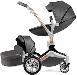 Cochecito de bebé con función de rotación de 360 grados, Sillas de paseo Hot Mom con combinación de asiento y moisés de cuero Pu de alto paisaje, gris 2022 (dark grey gris 2in1)