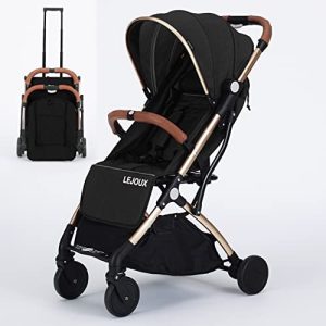 Cochecito de bebé – Cochecito de viaje ligero plegable con arnés de 5 puntos, de asiento ajustable y cesta de gran tamaño se pliega con 1 mano – Llantas giratorias suaves cubierta de lluvia (negro)