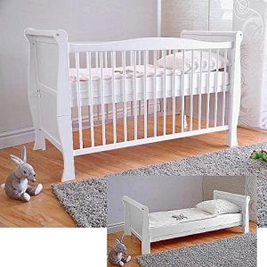 Cuna para bebé Baby con colchón de espuma de aloe vera, rejillas de altura regulable, color blanco, convertible en cama infantil