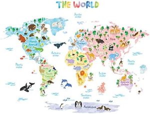 DECOWALL DLT-1615 Mapamundi Animales (Extra Grandede) (English Ver.) Vinilo Pegatinas Decorativas Adhesiva Pared Dormitorio Saln Guardera Habitaci Infantiles Nios Bebs