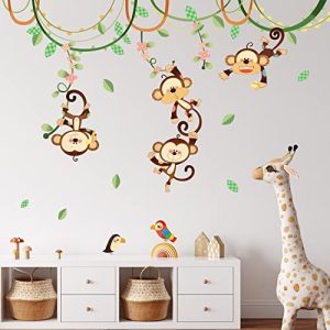 DECOWALL DW-1507S Monos en una Enredadera Vinilo Pegatinas Decorativas Adhesiva Pared Dormitorio Salón Guardería Habitación Infantiles Niños Bebés
