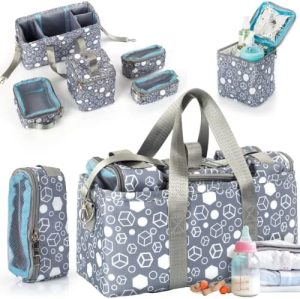 ECARTYA Pack Cesta Bebé Premium con 4 Compartimentos + 2 Bolsas Biberón + Bolsa Isotérmica + Organizador Pañales. Bolso Carro Bebés Portátil para Cesta Organizadora Bebé. (Gris)
