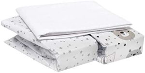 FlyIdeas Juego 3 Pza para Capazo de Bebe Carro y Cochecito 75x35 cm, 100% Algodòn Cert - 2 Sábanas Bajeras y 1 Protector Colchon Impermeable