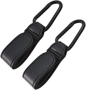 Ganchos Carrito Bebé Gancho para cochecito con Velcro 2 Piezas Mosquetón de Cuero AjusteUniversal Gancho para Cochecito para bolsa de Pañales, Compras (Negro)