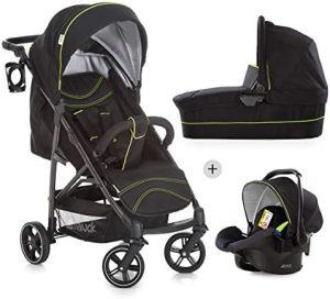 Hauck Rapid 4S Plus Trioset con capazo y asiento para bebé y asiento reclinable, desde nacimiento, capota extra grande, ajustable en altura, plegable, portavasos, hasta 25 kg, negro