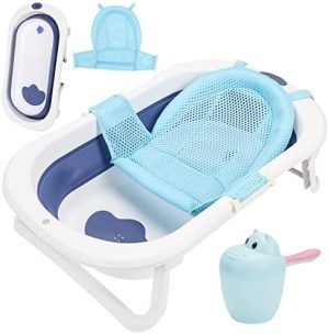 Ikodm Bañera 3 en 1 para bebé con termómetro | Alfombrilla de baño | taza de baño para bebé , bañera ergonómica plegable para ahorro de espacio, para recién nacidos a partir de 0 a 3 años (azul)