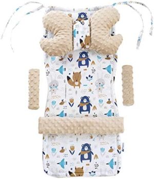 Inserto universal para cochecito Manta para cochecito 5p Protector de cinturón + superposición para diadema Algodón + Minky Medi Partners (Animales boho con beige Minky)
