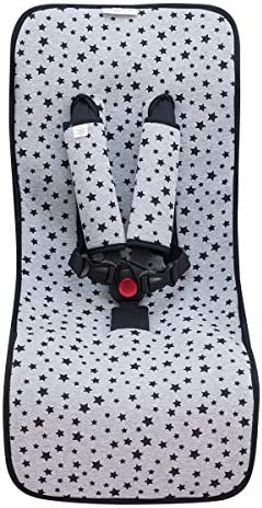 JYOKO KIDS Colchoneta Universal para Cochecito de Bebé y Silla de Paseo Infantil + Protector de Arnés Elaborados en Algodón + Espuma + Tejido 3D Transpirable (Black Star)